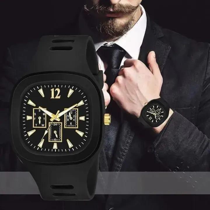 Black Square Analogue Watch Gold Accents