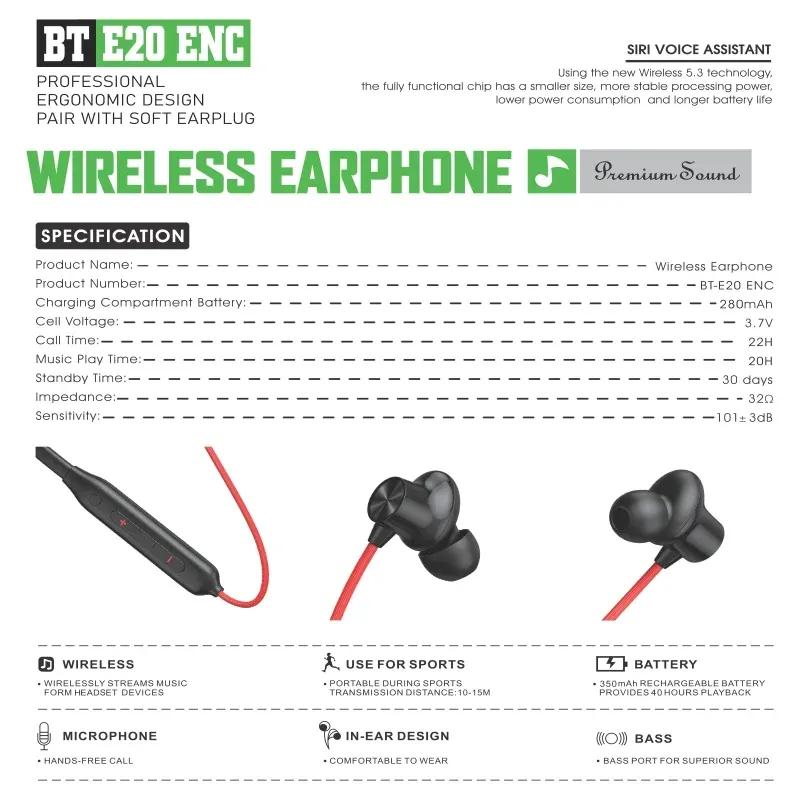 BT-E20 ENC Neckband – Bluetooth 5.3, Call Noise Cancelling