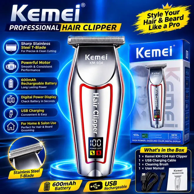 Kemei KM-034 cordless hair clipper with T-blade