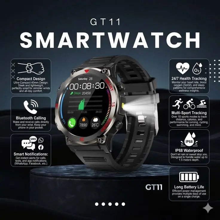 GT11 Rugged Smart Watch – Round Dial, Bluetooth Calling