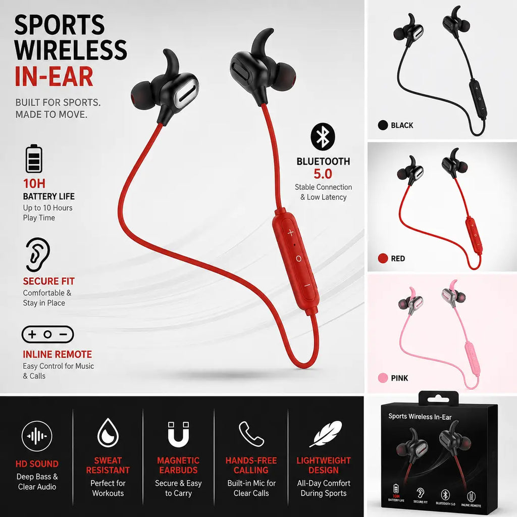 Magnetic Wireless Neckband – Heavy Bass, Sports Fit
