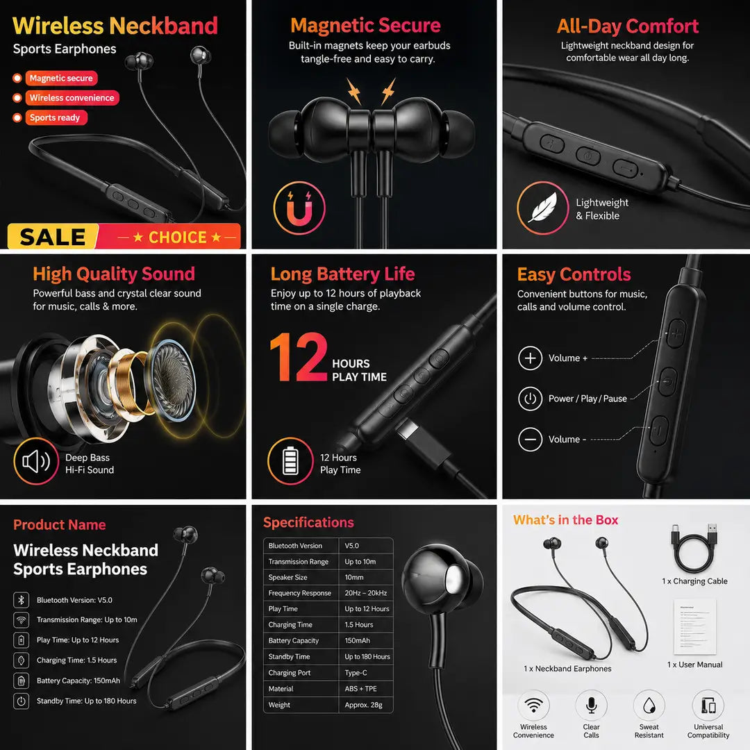 Sports Magnetic Neckband – Long Battery, In-Line Controls