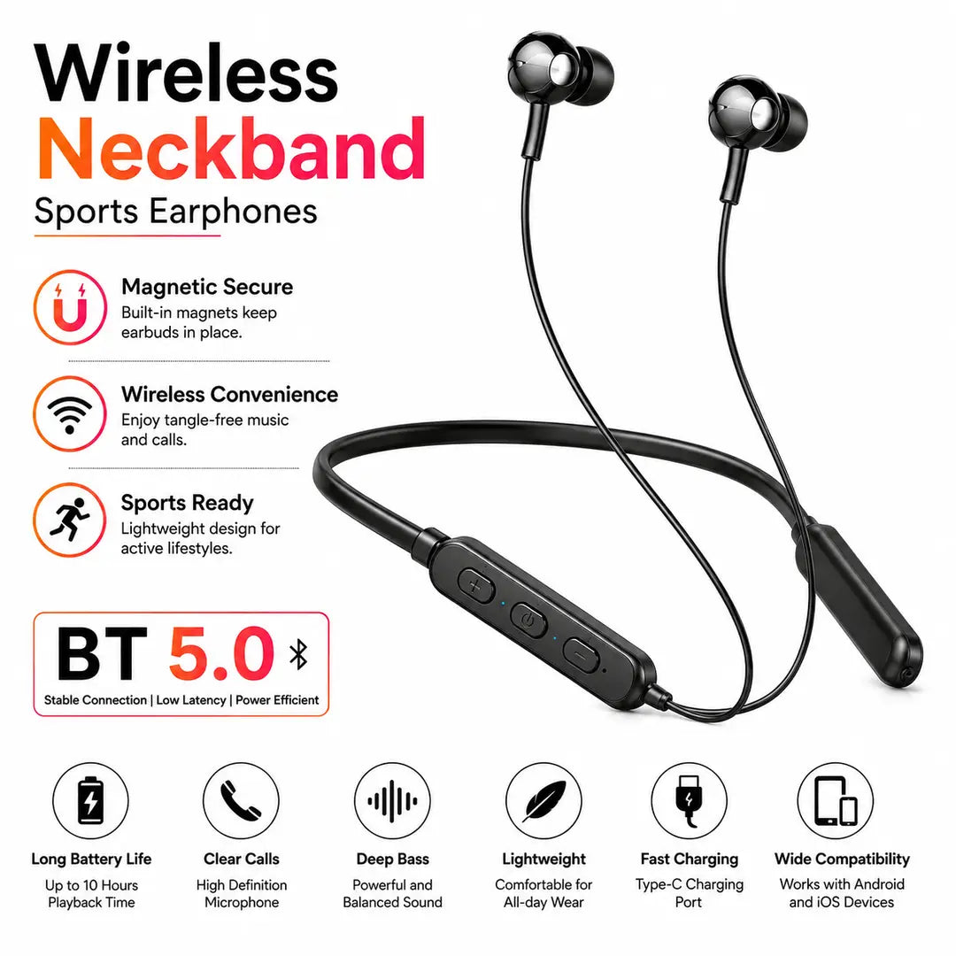 Sports Magnetic Neckband – Long Battery, In-Line Controls
