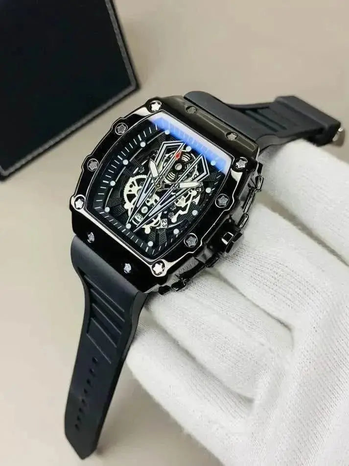 Skeleton Dial Watch Black Leather Belt