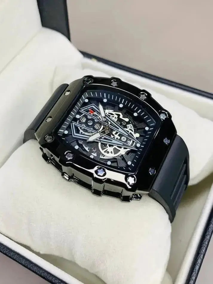 Skeleton Dial Watch Black Leather Belt