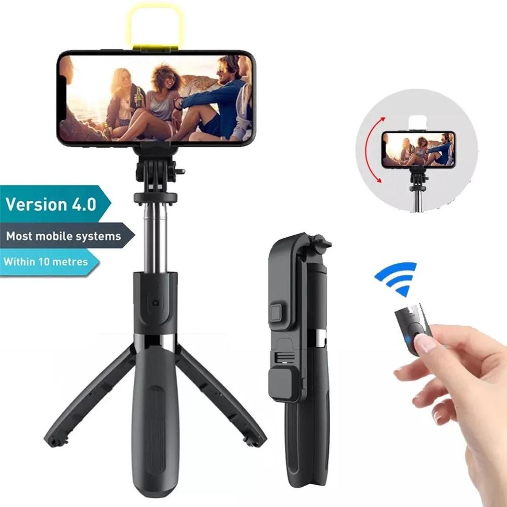 Foldable selfie stick with LED light and bluetooth